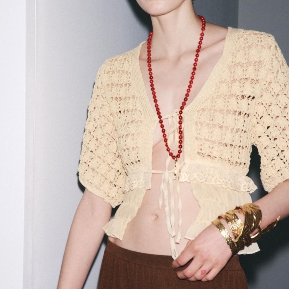 NWT Zara Crochet Open Knit Ruffled Hem Tie-Front Cardigan In Apricot - M - Picture 6 of 11
